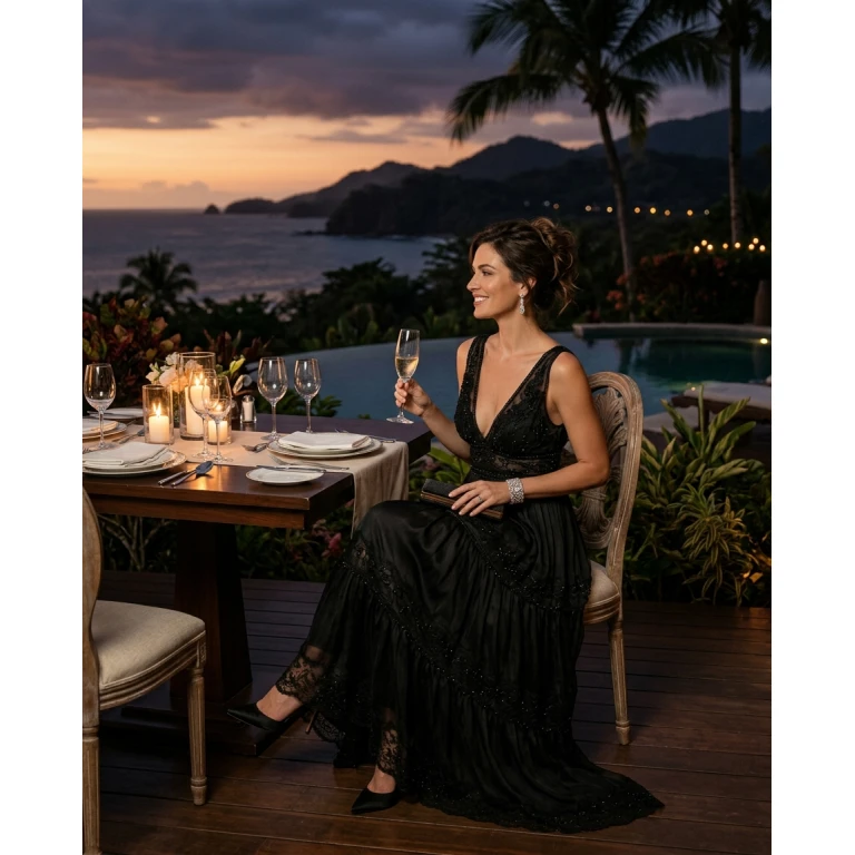 Gemma Deeks Style Guide: Black tie dinner outfit in Costa Rica Summer 2026