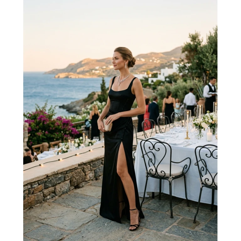 Gemma Deeks Style Guide: Black tie dinner outfit in Crete Summer 2026
