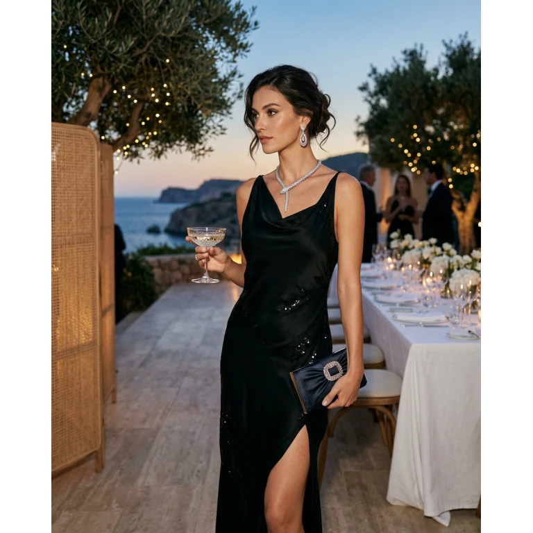 Gemma Deeks Style Guide: Black tie dinner outfit in Ibiza Summer 2026