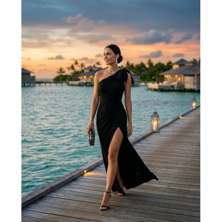 Gemma Deeks Style Guide: Black tie dinner outfit in Maldives Summer 2026