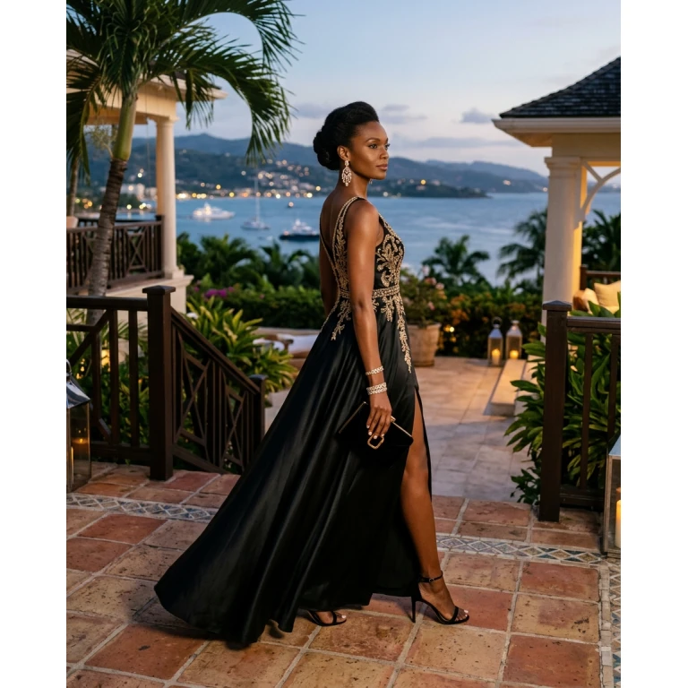 Gemma Deeks Style Guide: Black tie dinner outfit in Montego Bay Summer 2026