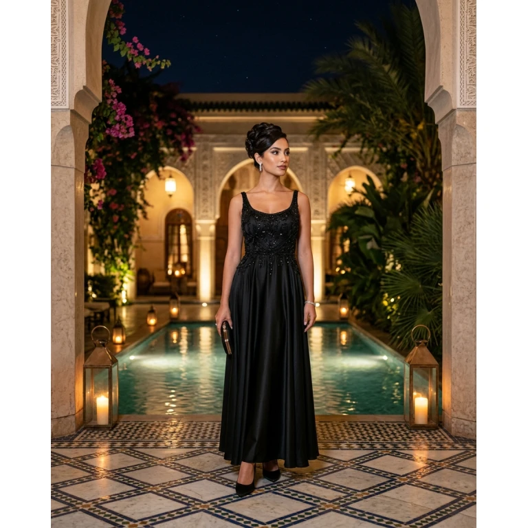 Gemma Deeks Style Guide: Black tie dinner outfit in Moroco Summer 2026