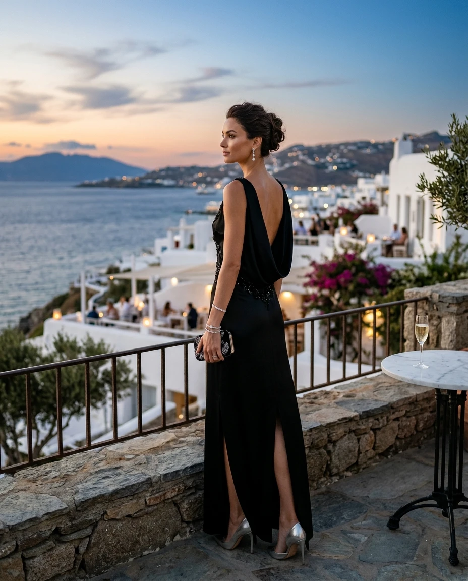 Gemma Deeks Style Guide: Black tie dinner outfit in Mykonos Summer 2026