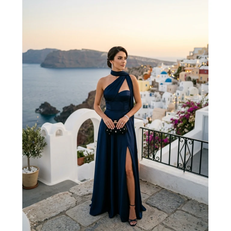 Gemma Deeks Style Guide: Black tie dinner outfit in Santorini Summer 2026