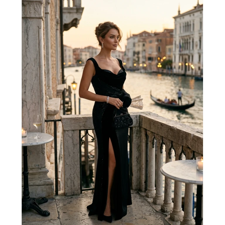 Gemma Deeks Style Guide: Black tie dinner outfit in Venice Summer 2026