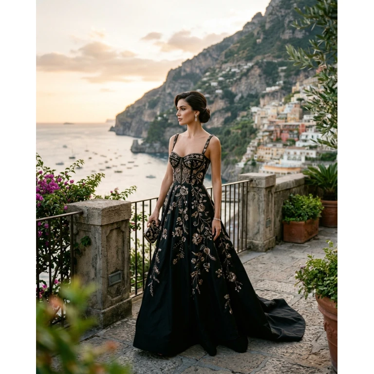 Gemma Deeks Style Guide: Black tie gala gown in Amalfi Coast Summer 2026