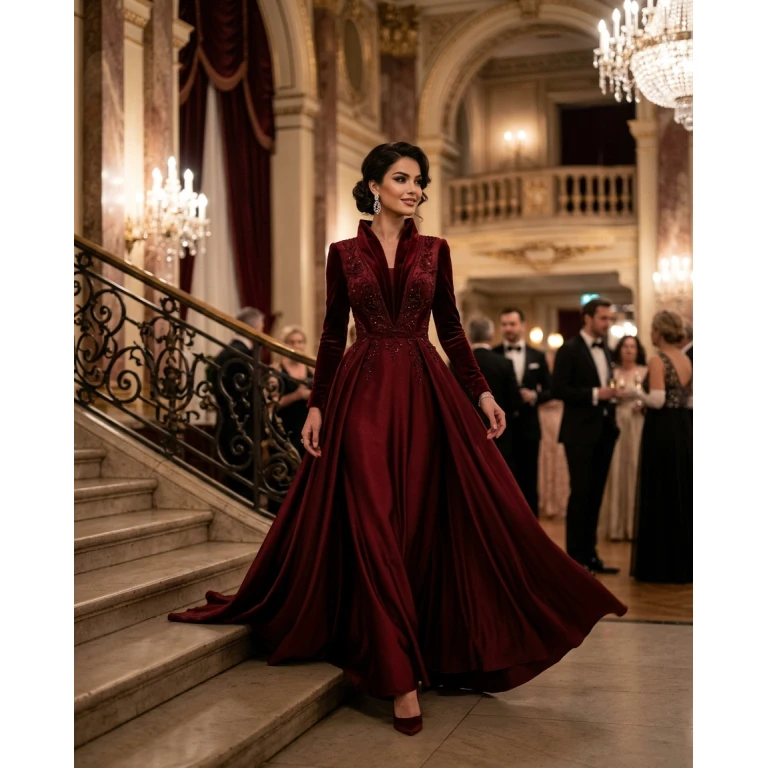 Gemma Deeks Style Guide: Black tie gala gown in Burgundy Summer 2026