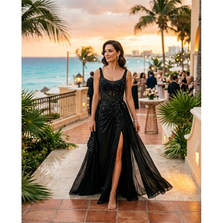 Gemma Deeks Style Guide: Black tie gala gown in Cancun Summer 2026