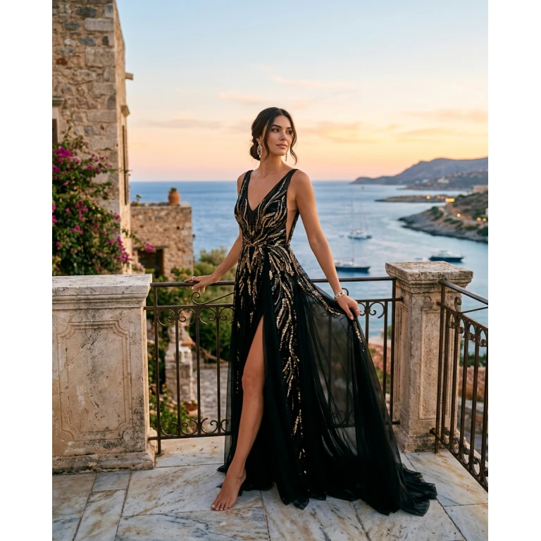 Gemma Deeks Style Guide: Black tie gala gown in Crete Summer 2026