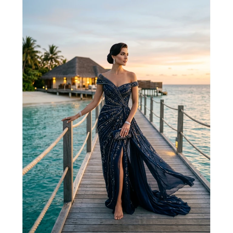 Gemma Deeks Style Guide: Black tie gala gown in Maldives Summer 2026