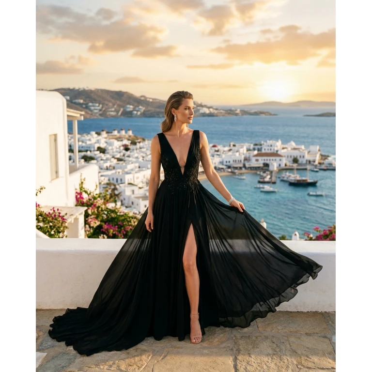 Gemma Deeks Style Guide: Black tie gala gown in Mykonos Summer 2026