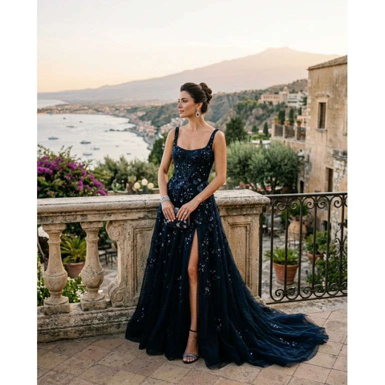 Gemma Deeks Style Guide: Black tie gala gown in Sicily Summer 2026