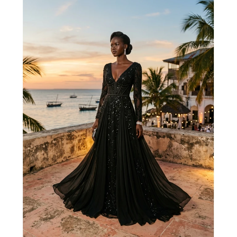 Gemma Deeks Style Guide: Black tie gala gown in Zanzibar Summer 2026