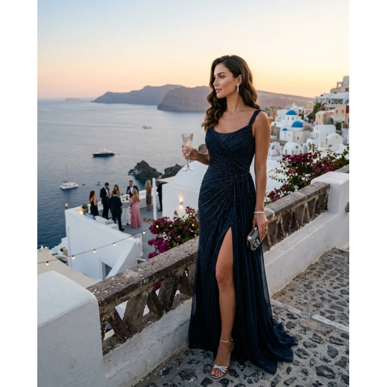 Gemma Deeks Style Guide: Black tie Holiday parties in Santorini Summer 2026