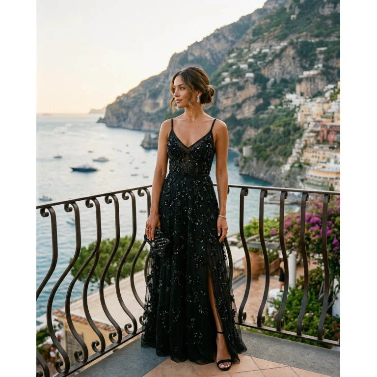 Gemma Deeks Style Guide: Black tie wedding guest dress in Amalfi Coast Summer 2026