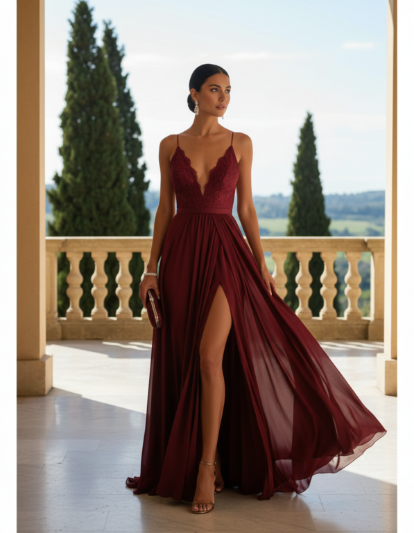 Gemma Deeks Style Guide: Black tie wedding guest dress in Burgundy Summer 2026
