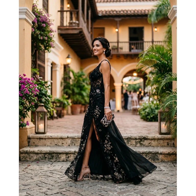 Gemma Deeks Style Guide: Black tie wedding guest dress in Colombia Summer 2026