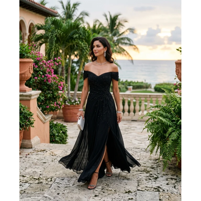 Gemma Deeks Style Guide: Black tie wedding guest dress in Florida Summer 2026