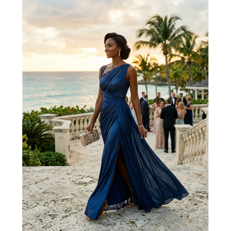 Gemma Deeks Style Guide: Black tie wedding guest dress in La Romana Summer 2026
