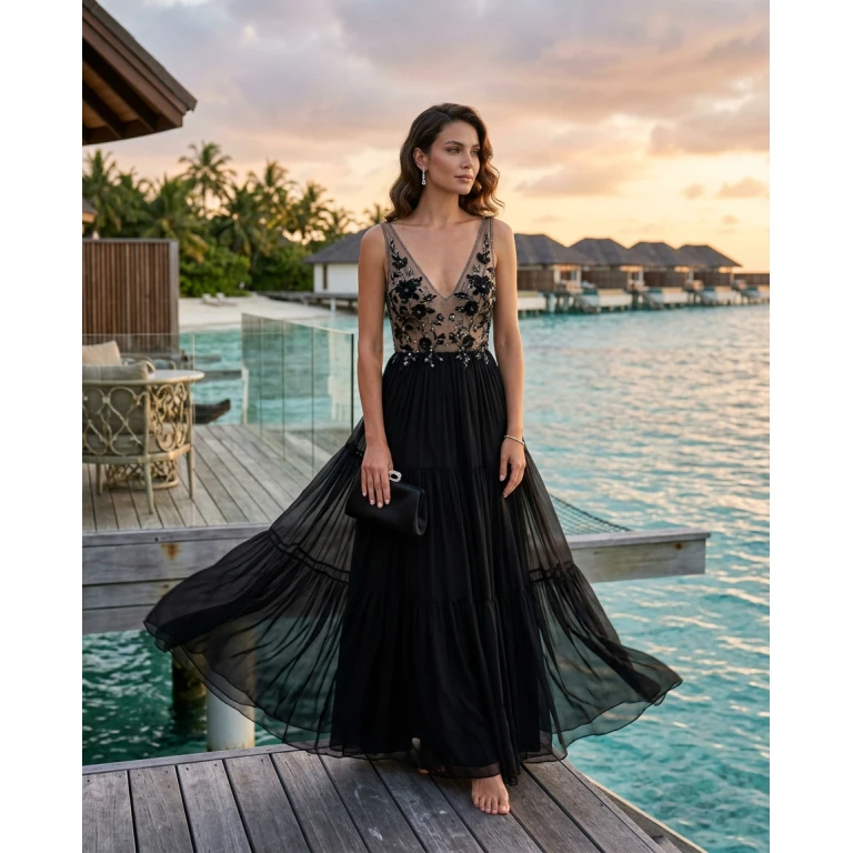Gemma Deeks Style Guide: Black tie wedding guest dress in Maldives Summer 2026