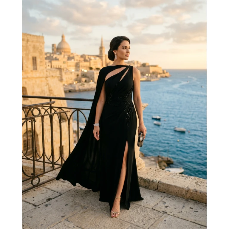 Gemma Deeks Style Guide: Black tie wedding guest dress in Malta Summer 2026