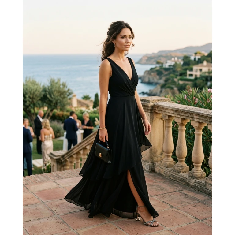 Gemma Deeks Style Guide: Black tie wedding guest dress in Marbella Summer 2026