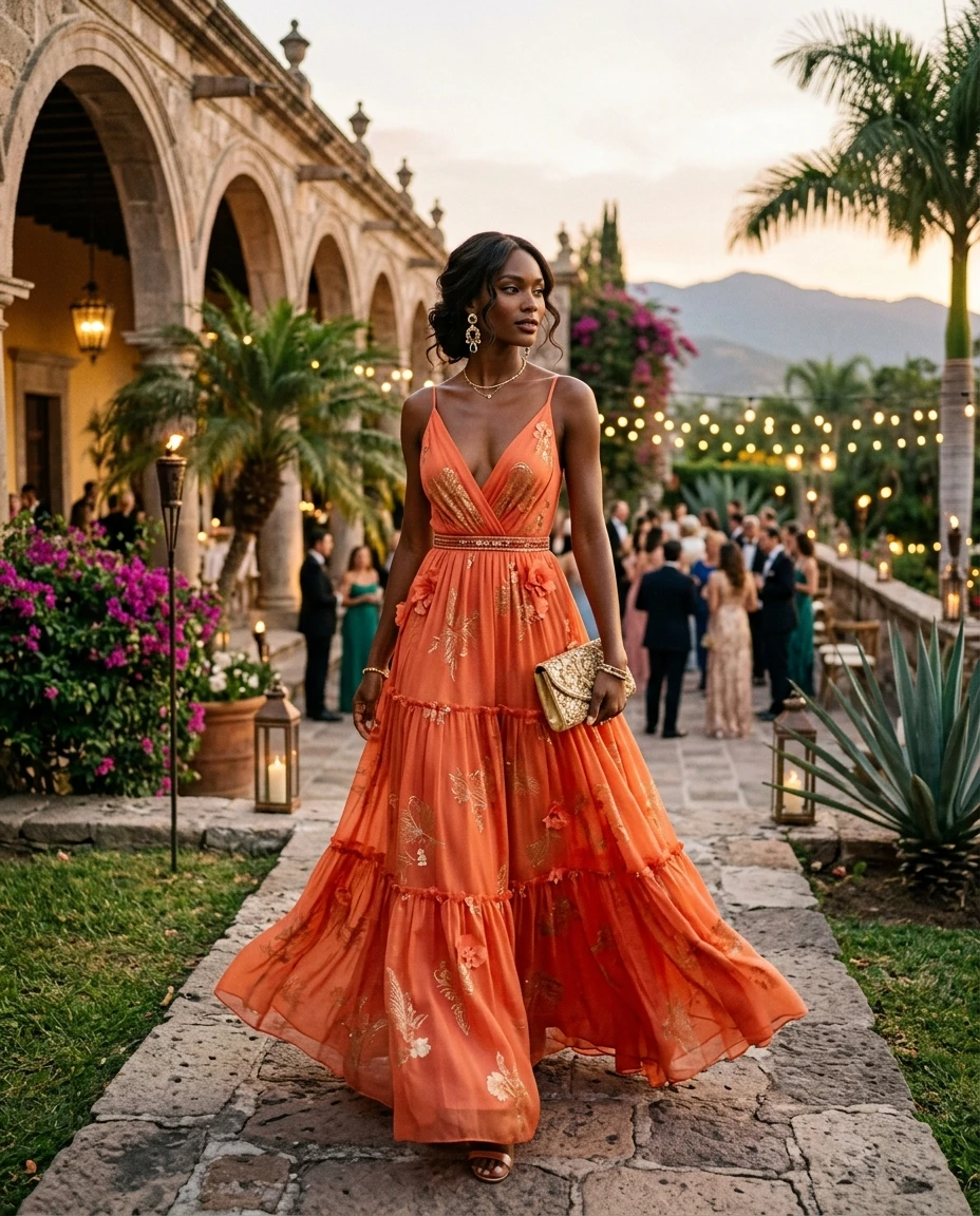 Gemma Deeks Style Guide: Black tie wedding guest dress in Mexico Summer 2026