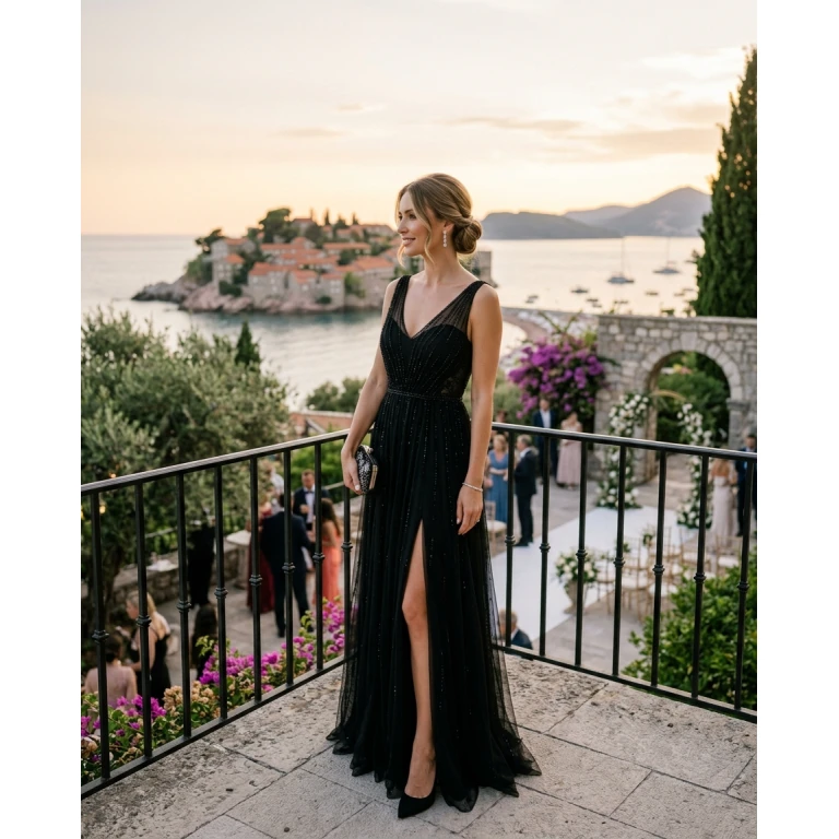 Gemma Deeks Style Guide: Black tie wedding guest dress in Montenegro Summer 2026