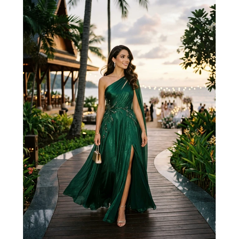 Gemma Deeks Style Guide: Black tie wedding guest dress in Phuket Summer 2026