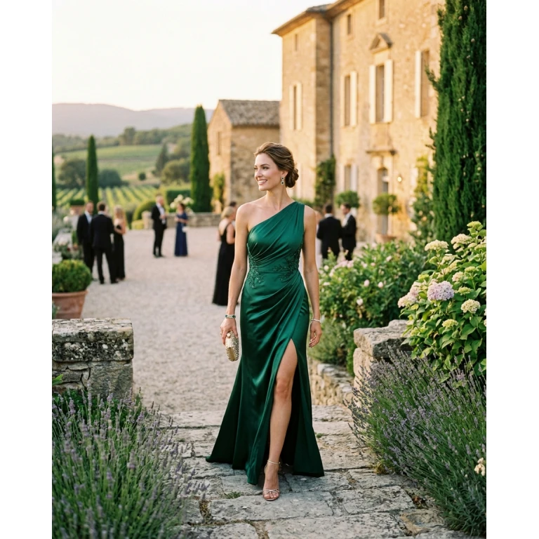 Gemma Deeks Style Guide: Black tie wedding guest dress in Provence France Summer 2026