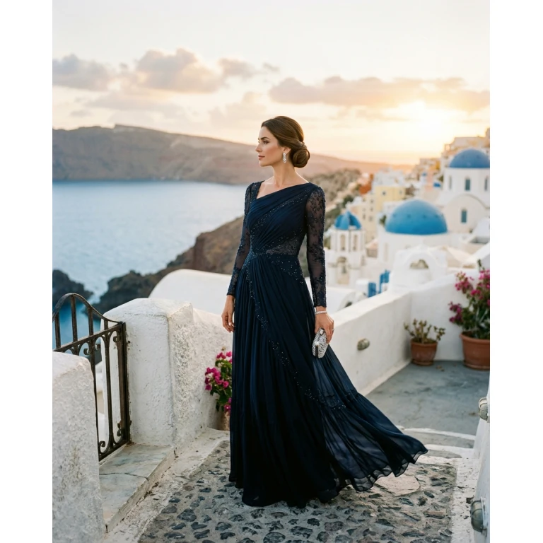 Gemma Deeks Style Guide: Black tie wedding guest dress in Santorini Summer 2026