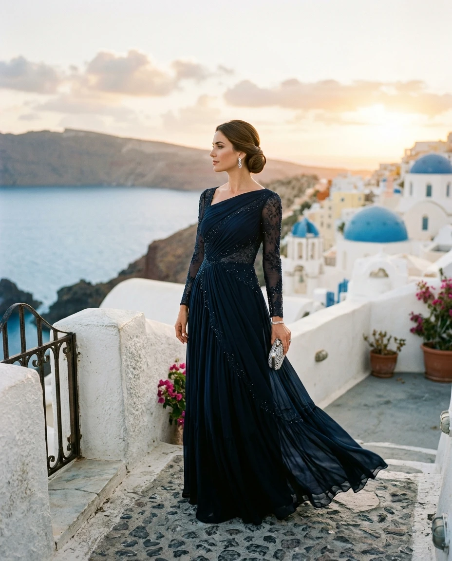 Gemma Deeks Style Guide: Black tie wedding guest dress in Santorini Summer 2026