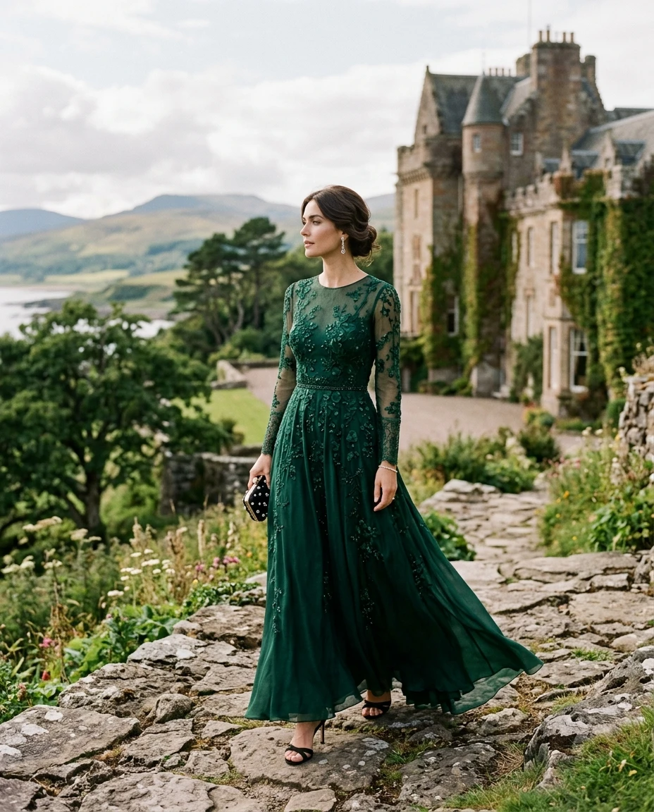 Gemma Deeks Style Guide: Black tie wedding guest dress in Scotland Summer 2026