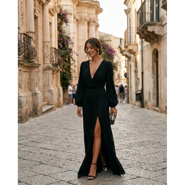 Gemma Deeks Style Guide: Black tie wedding guest dress in Sicily Summer 2026