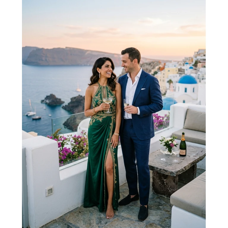 Gemma Deeks Style Guide: Cocktail Attire Anniversary in Santorini Summer 2026