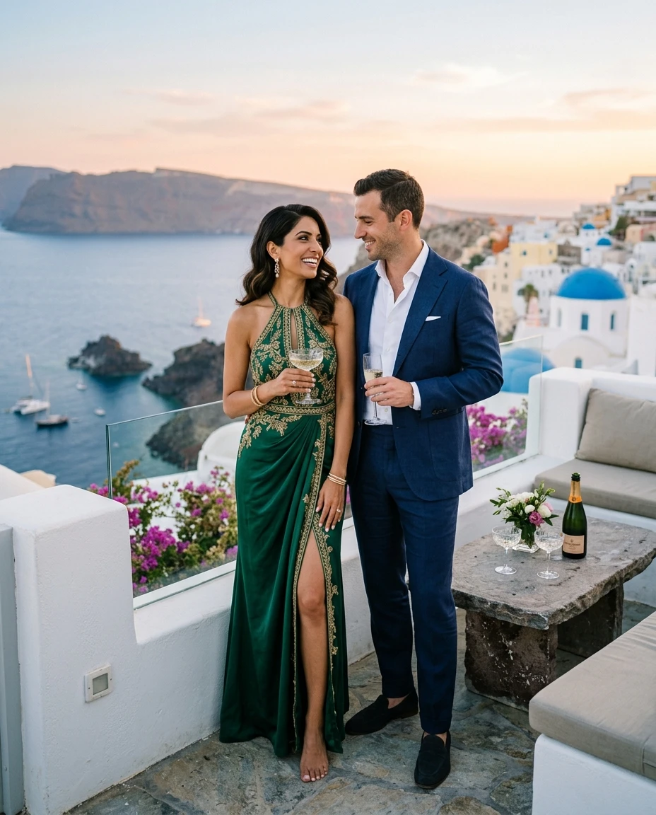 Gemma Deeks Style Guide: Cocktail Attire Anniversary in Santorini Summer 2026