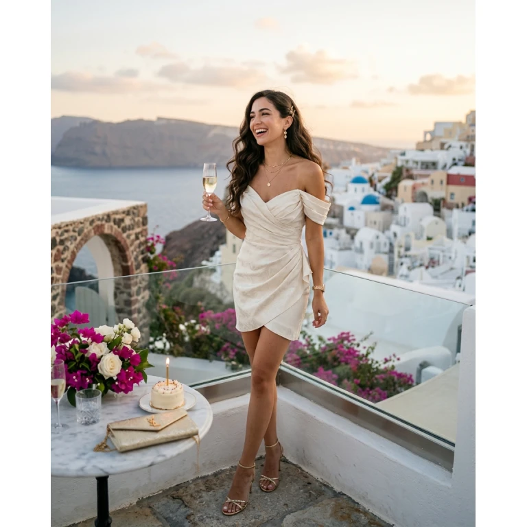 Gemma Deeks Style Guide: Cocktail Attire Birthday in Santorini Summer 2026