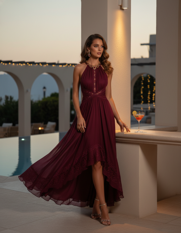 Gemma Deeks Style Guide: Cocktail Attire Designer Summer Dresses in Burgundy Summer 2026