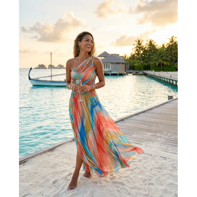 Gemma Deeks Style Guide: Cocktail Attire Designer Summer Dresses in Maldives Summer 2026