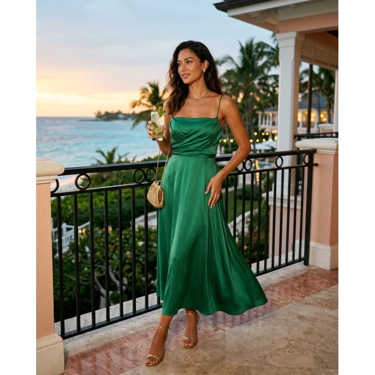 Gemma Deeks Style Guide: Cocktail Attire dinner outfit in Bahamas Summer 2026
