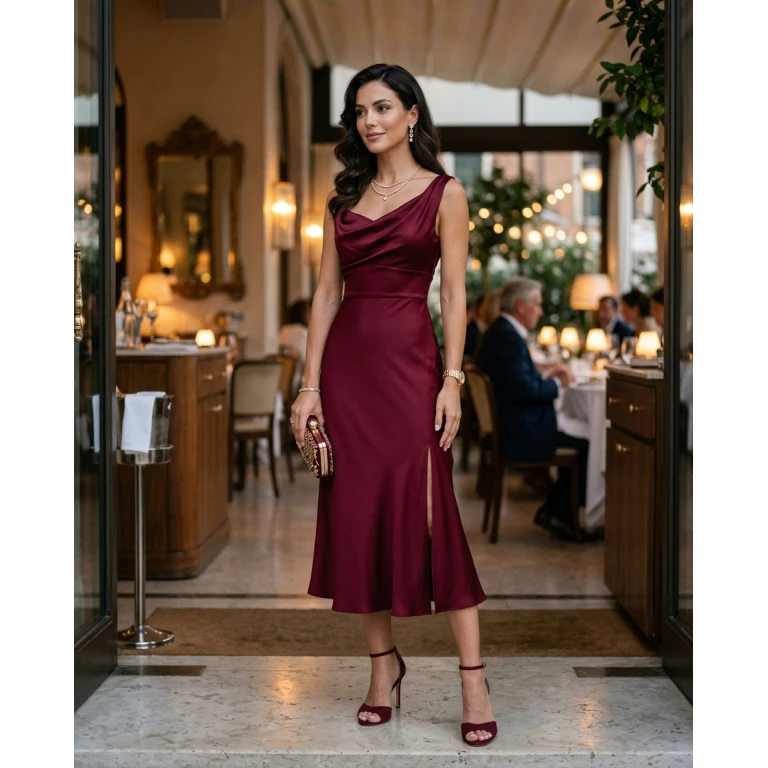 Gemma Deeks Style Guide: Cocktail Attire dinner outfit in Burgundy Summer 2026