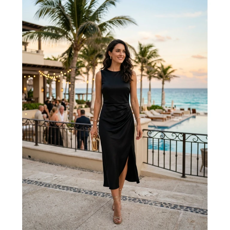 Gemma Deeks Style Guide: Cocktail Attire dinner outfit in Cancun Summer 2026