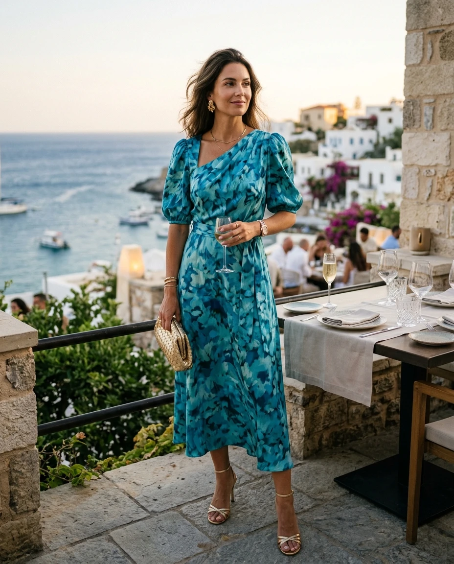 Gemma Deeks Style Guide: Cocktail Attire dinner outfit in Crete Summer 2026