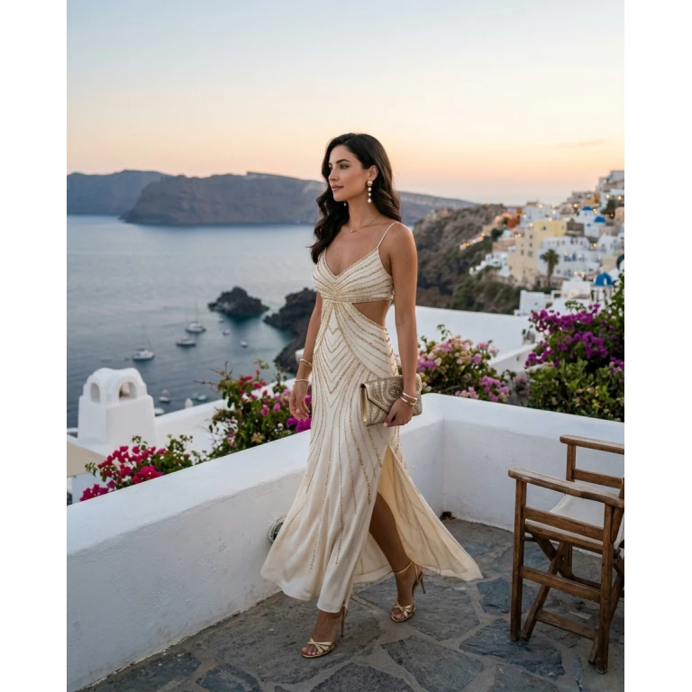 Gemma Deeks Style Guide: Cocktail Attire dinner outfit in Greece Summer 2026