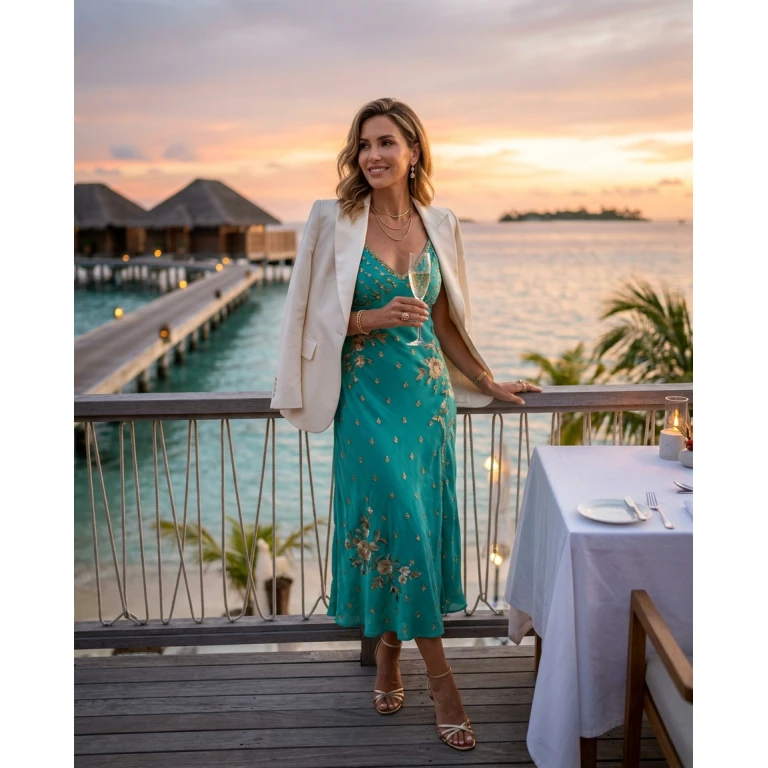 Gemma Deeks Style Guide: Cocktail Attire dinner outfit in Maldives Summer 2026