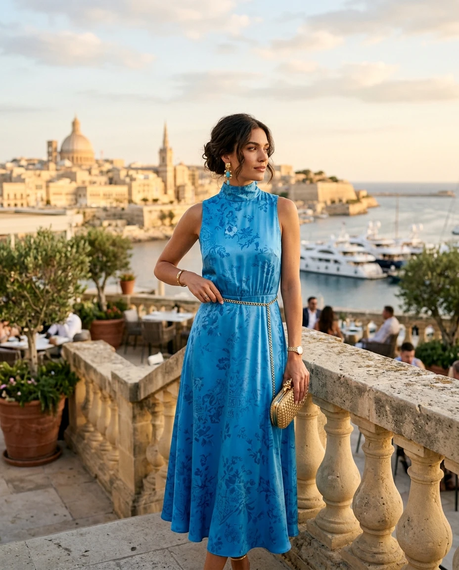 Gemma Deeks Style Guide: Cocktail Attire dinner outfit in Malta Summer 2026