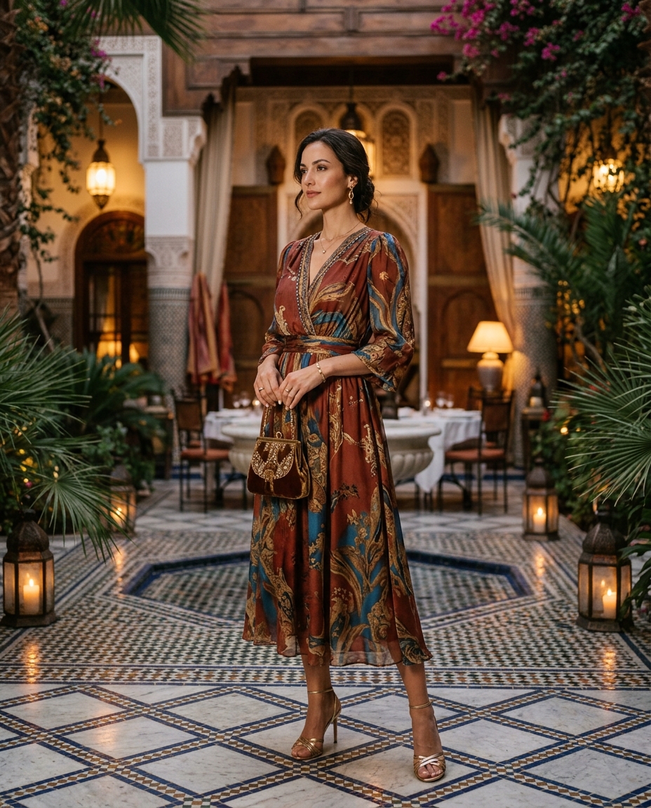 Gemma Deeks Style Guide: Cocktail Attire dinner outfit in Moroco Summer 2026