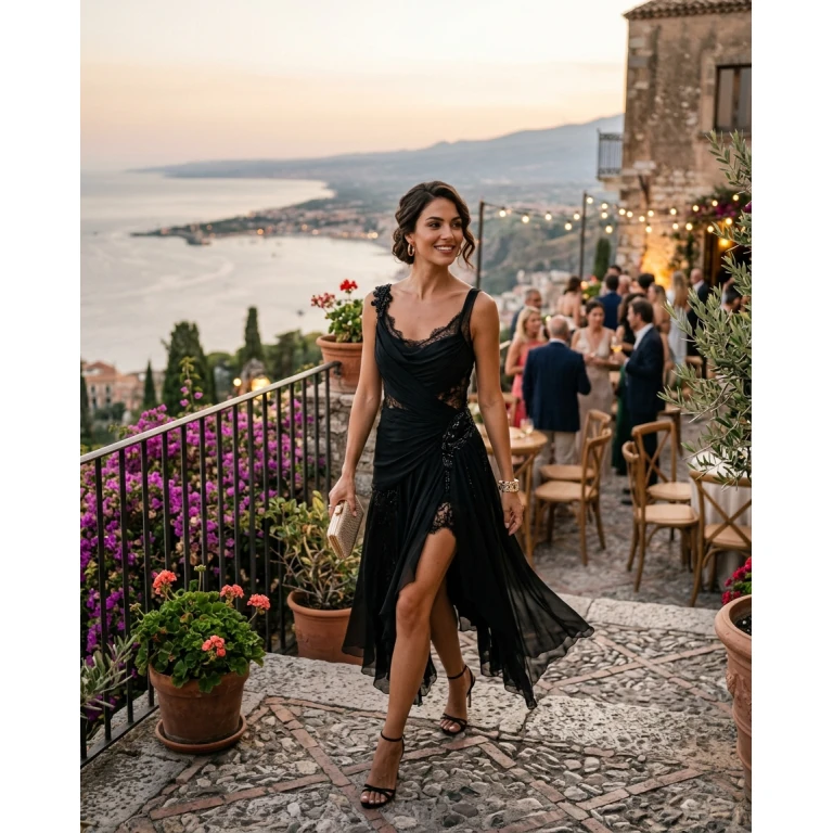 Gemma Deeks Style Guide: Cocktail Attire dinner outfit in Sicily Summer 2026