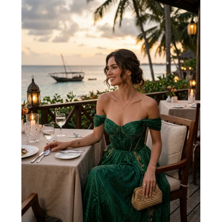 Gemma Deeks Style Guide: Cocktail Attire dinner outfit in Zanzibar Summer 2026