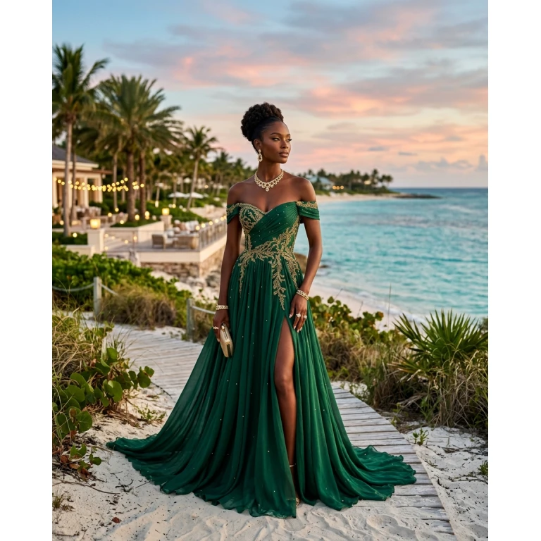 Gemma Deeks Style Guide: Cocktail Attire gala gown in Bahamas Summer 2026